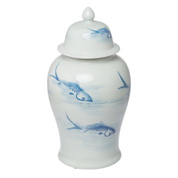 benzara 19 Inch Ginger Jar Lidded Painted Blue Koi Fish Over White Porcelain - BM285885