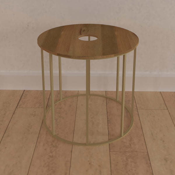 Benzara 19 Inch Side End Table O Round Shape Natural Mango Wood Top Brass Powder Coated Open Frame - UPT-310986