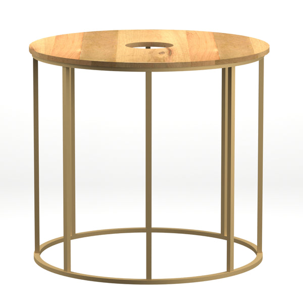 Benzara 19 Inch Side End Table O Round Shape Natural Mango Wood Top Brass Powder Coated Open Frame - UPT-310986