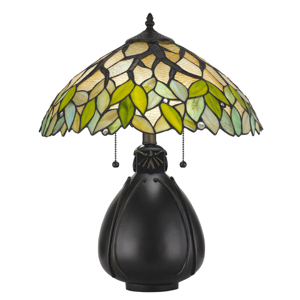 benzara 2 Bulb Tiffany Table Lamp with Leaf Design Glass Shade Multicolor - BM224791