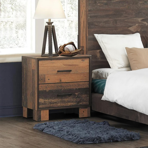 Benzara 2 Drawer Rustic Nightstand With Nails And Grain Details Dark Brown - BM215791