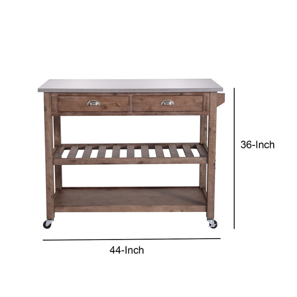 Benzara 2 Drawers Wooden Kitchen Cart With Metal Top And Casters Gray And Brown - BM209090