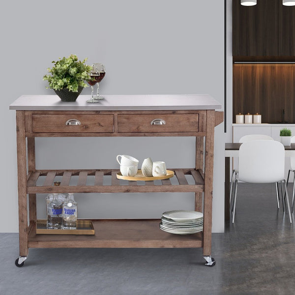 benzara 2 Drawers Wooden Kitchen Cart with Metal Top and Casters Gray and Brown - BM209090