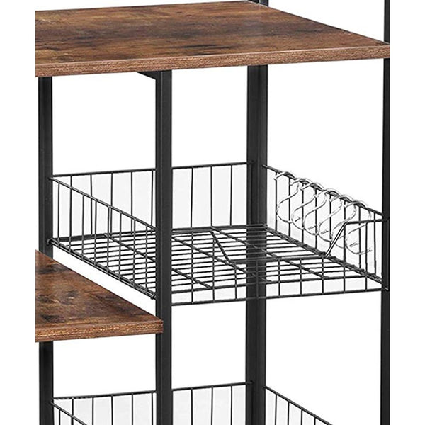 Benzara 2 Mesh Basket And 6 Hooks Wood And Metal Frame Bakers Rack Brown And Black - BM217105
