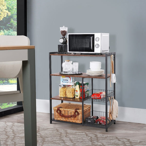 benzara 2 Mesh Basket and 6 Hooks Wood and Metal Frame Bakers Rack Brown and Black - BM217105