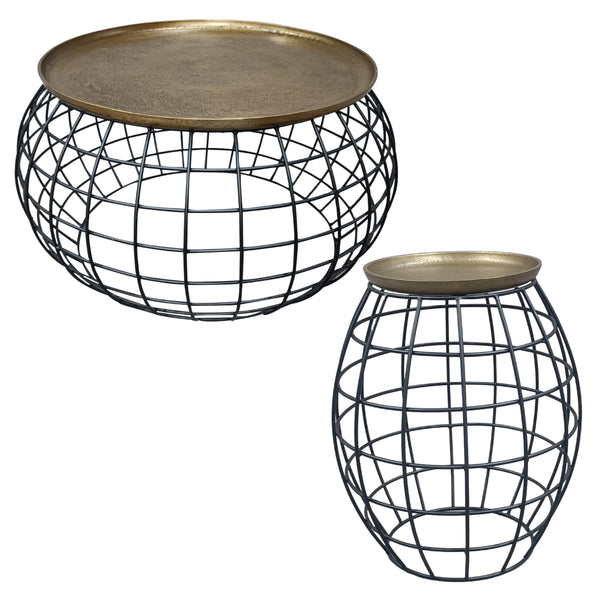 Benzara 2 Piece Coffee Table And End Table Set Round Antique Brass Tray Top Curved Cage Design Black Iron Base - UPT-310004