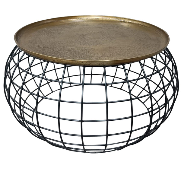 Benzara 2 Piece Coffee Table And End Table Set Round Antique Brass Tray Top Curved Cage Design Black Iron Base - UPT-310004