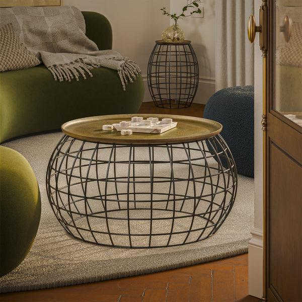 benzara 2 Piece Coffee Table and End table Set Round Antique Brass Tray Top Curved Cage Design Black Iron Base - UPT-310004