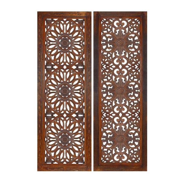 Benzara 2 Piece Mango Wood Wall Panel Set With Mendallion Carving Burnt Brown - BM01883