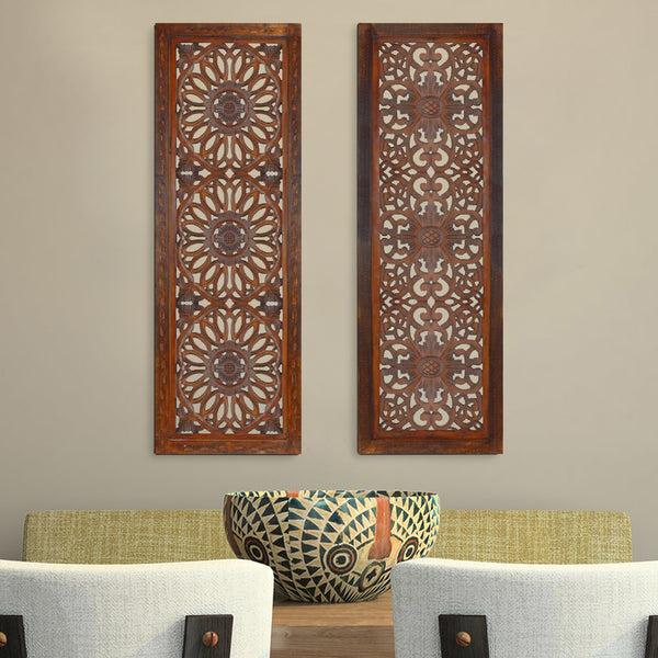 benzara 2 Piece Mango Wood Wall Panel Set with Mendallion Carving Burnt Brown - BM01883