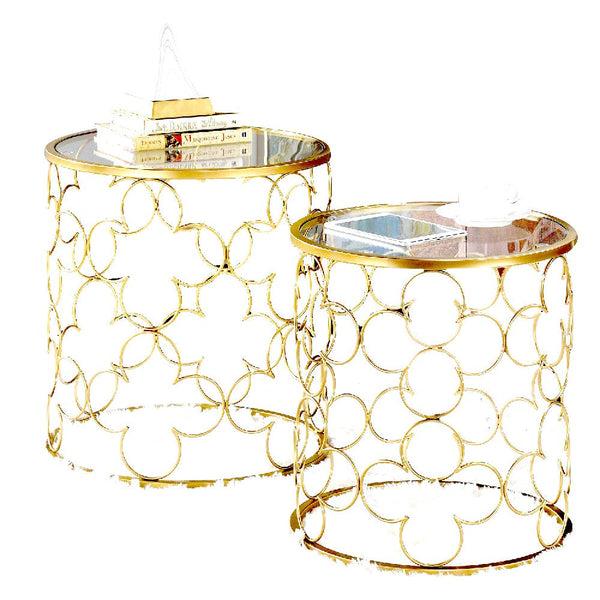benzara 2 Piece Round Nesting Table with Lattice Metal Base Gold - BM250298