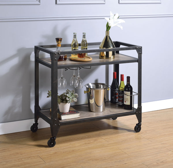benzara 2 Tier Metal Serving Cart with Wooden Shelves and Bottle Holders Black - BM194349