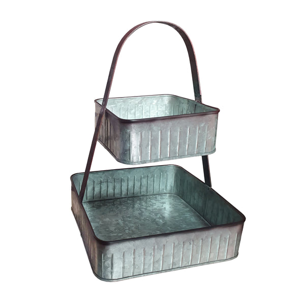 Benzara 2 Tier Square Galvanized Metal Corrugated Tray With Arched Handle Gray - BM195137