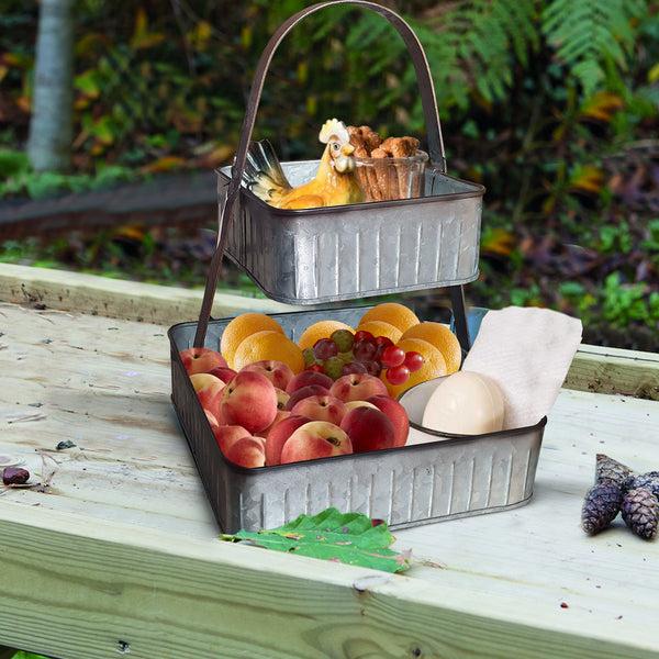 benzara 2 Tier Square Galvanized Metal Corrugated Tray with Arched Handle Gray - BM195137