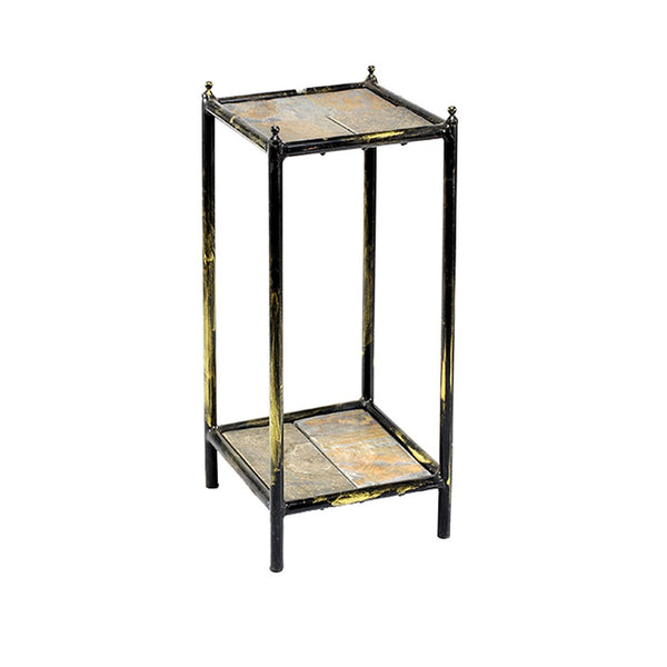 Benzara 2 Tier Square Stone Top Plant Stand With Metal Frame Small Black And Gray - BM216732