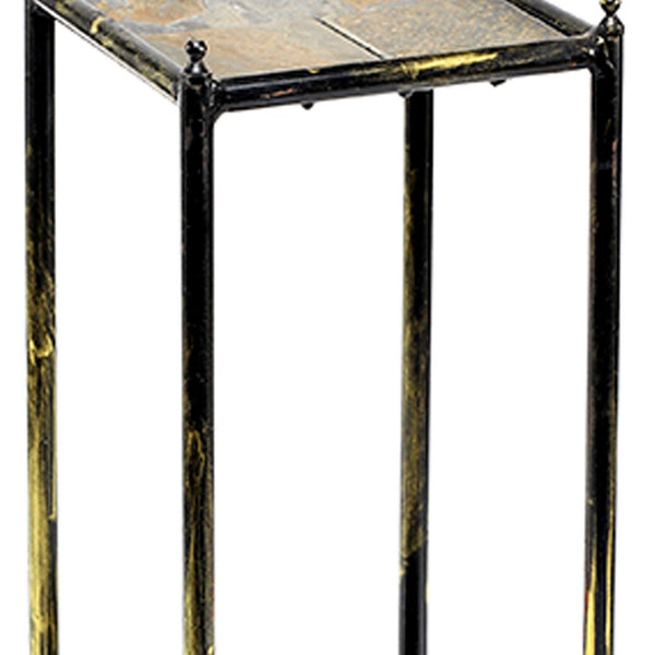 Benzara 2 Tier Square Stone Top Plant Stand With Metal Frame Small Black And Gray - BM216732