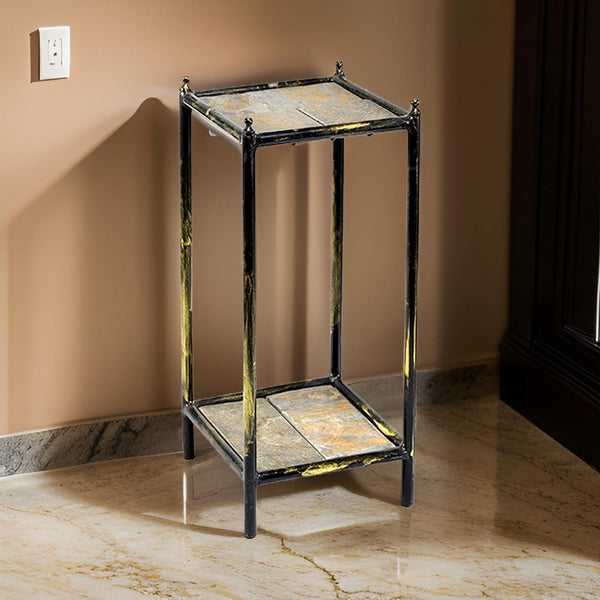 benzara 2 Tier Square Stone Top Plant Stand with Metal Frame Small Black and Gray - BM216732