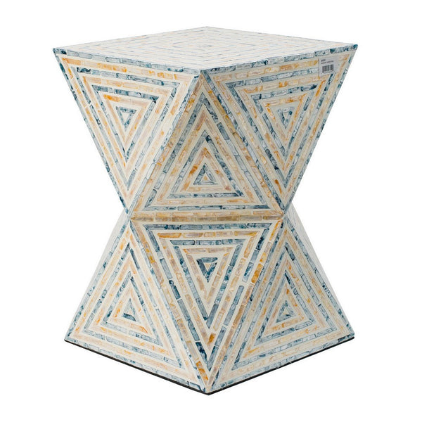 Benzara 20 Inch Capiz Accent Stool Table Hourglass Triangular Off White Ivory - BM286116