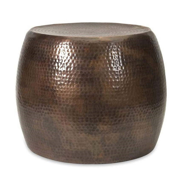 benzara 20 Inch Classic Iron Low Accent Table Round Top Drum Shape Brown - BM284752