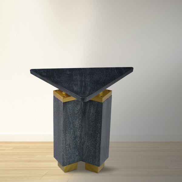 Benzara 20 Inch Modern Side End Table Handcrafted Triangular Shape Gold Brass Trim Sandblasted Black - UPT-297333
