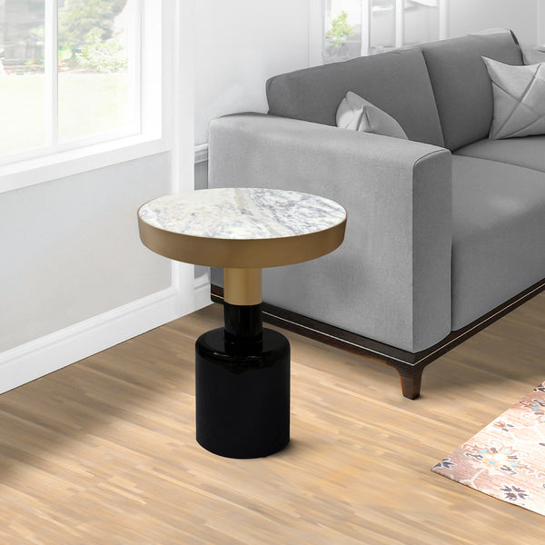 Benzara 20 Inch Round Side End Table Gold Banded Natural White Marble Top Black Enamel Coated Iron Pedestal Base - UPT-295600