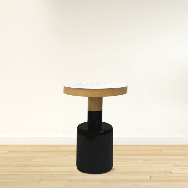 Benzara 20 Inch Round Side End Table Gold Banded Natural White Marble Top Black Enamel Coated Iron Pedestal Base - UPT-295600
