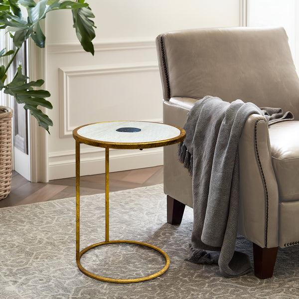 Benzara 20 Inch Round Side End Table White Marble Top With Blue Agate Stone Inlay Gold Foil Finish Iron Frame - UPT-295599