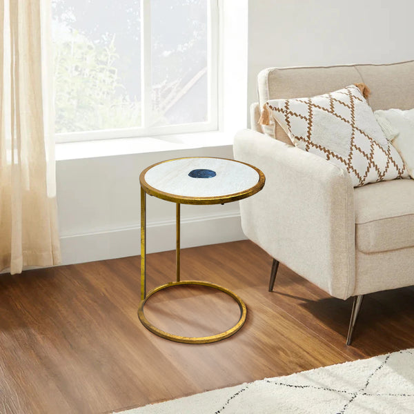 Benzara 20 Inch Round Side End Table White Marble Top With Blue Agate Stone Inlay Gold Foil Finish Iron Frame - UPT-295599