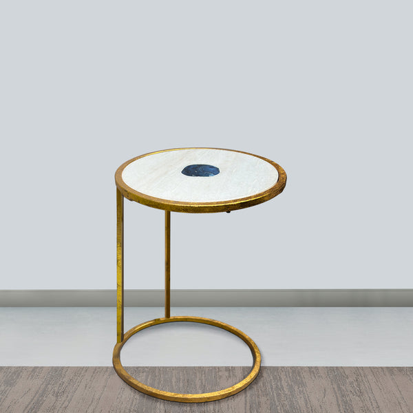 Benzara 20 Inch Round Side End Table White Marble Top With Blue Agate Stone Inlay Gold Foil Finish Iron Frame - UPT-295599