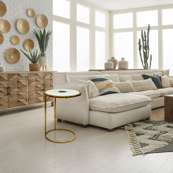 benzara 20 Inch Round Side End Table White Marble Top with Blue Agate Stone Inlay Gold Foil Finish Iron Frame - UPT-295599