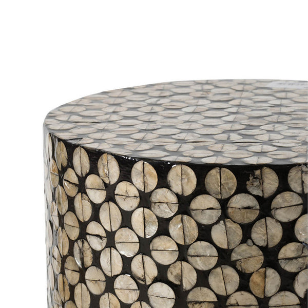 Benzara 20 Inch Stool Table Round Wood Design Modern Capiz Inlay Black White - BM284717