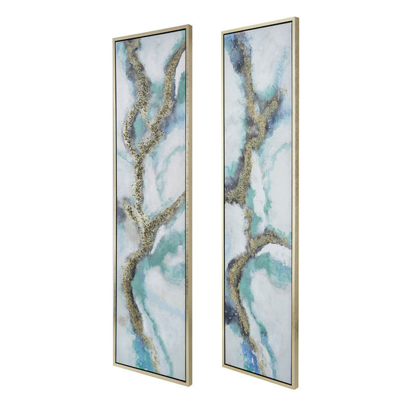 Benzara 20 X 71 Tall Framed Wall Art Oil Painting Set Of 2 Blue And Gold Canvas - BM312858
