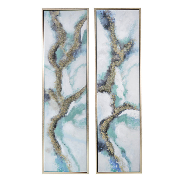benzara 20 x 71 Tall Framed Wall Art Oil Painting Set of 2 Blue and Gold Canvas - BM312858