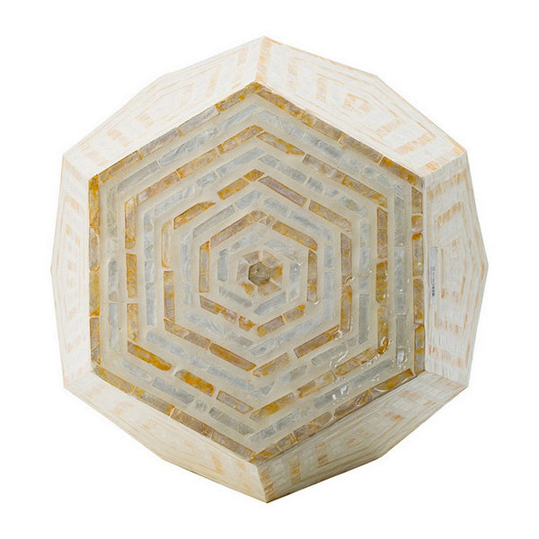 Benzara 21 Inch Capiz Accent Stool Table Hexagonal Drum Angled Look Beige White - BM286117