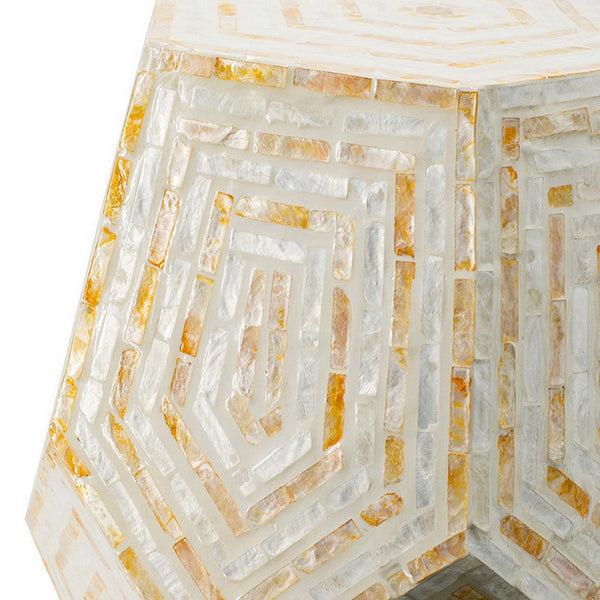 Benzara 21 Inch Capiz Accent Stool Table Hexagonal Drum Angled Look Beige White - BM286117