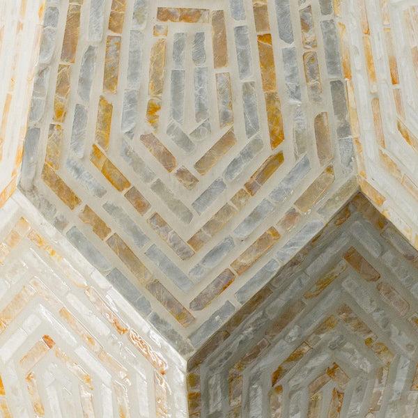 Benzara 21 Inch Capiz Accent Stool Table Hexagonal Drum Angled Look Beige White - BM286117