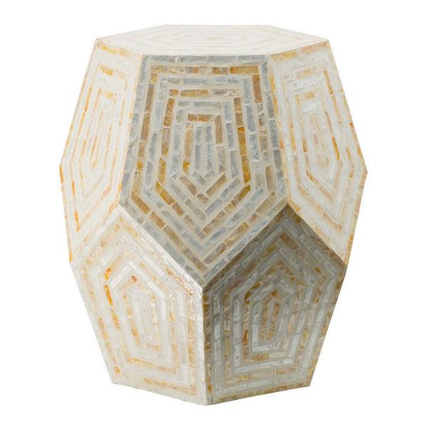 benzara 21 Inch Capiz Accent Stool Table Hexagonal Drum Angled Look Beige White - BM286117