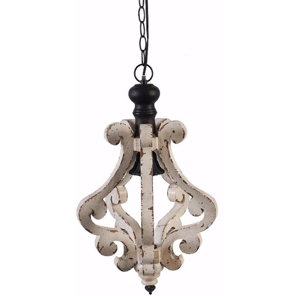 Benzara 21 Inch French Country Chic Pendant Chandelier Distressed White Mango Wood - BM147075