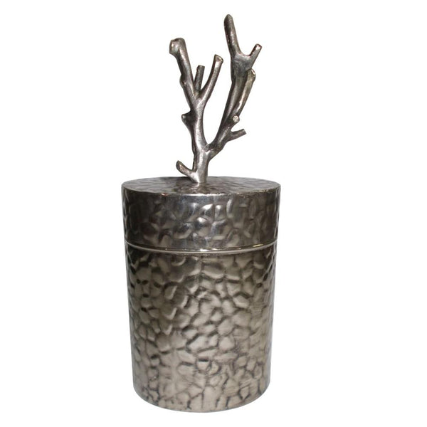 benzara 21 Inch Lidded Metal Jar Textured Body Branched Finial Silver - BM180986