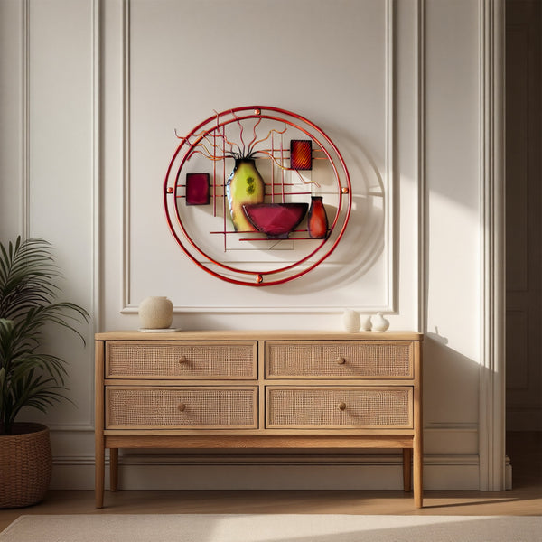 Benzara 22 Inch Round Metal Wall Decor With Vase Multicolor - BM07986