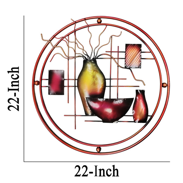 Benzara 22 Inch Round Metal Wall Decor With Vase Multicolor - BM07986