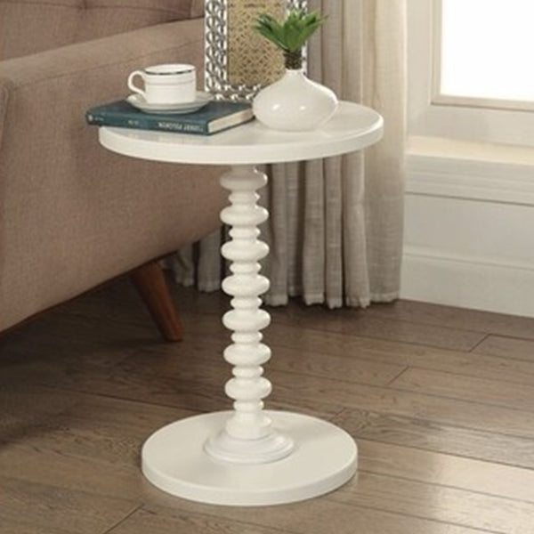 benzara 22 Inch Round Wooden Side Table with Turned Base White - BM157294