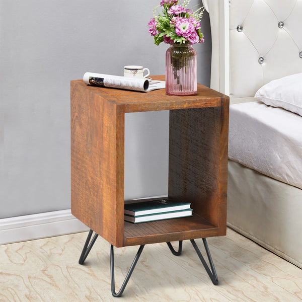 benzara 22 Inch Textured Cube Shape Wooden Nightstand with Angular Legs Brown and Black - UPT-204787