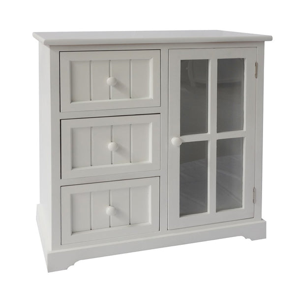 Benzara 24 Inch Paulownia Wood Accent Cabinet 3 Drawers 1 Glass Door White - UPT-230665