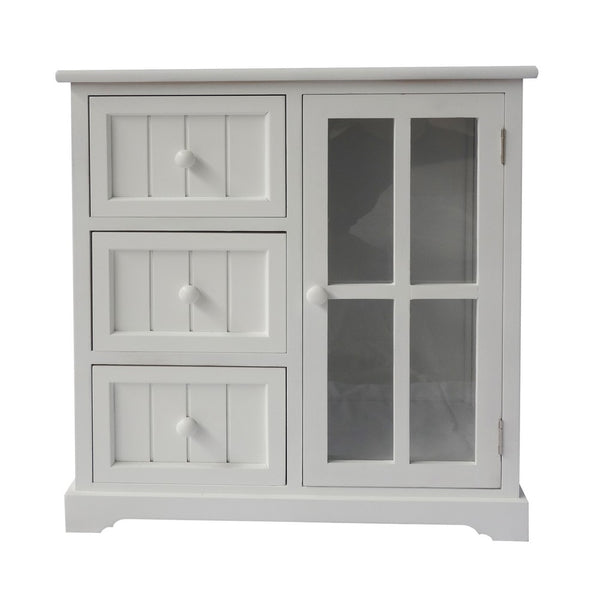 Benzara 24 Inch Paulownia Wood Accent Cabinet 3 Drawers 1 Glass Door White - UPT-230665