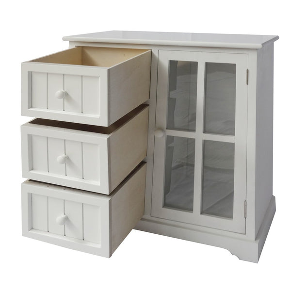 Benzara 24 Inch Paulownia Wood Accent Cabinet 3 Drawers 1 Glass Door White - UPT-230665