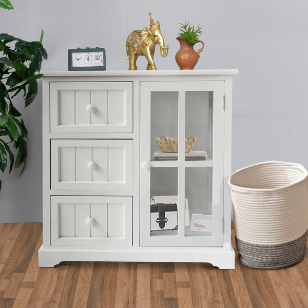 benzara 24 Inch Paulownia Wood Accent Cabinet 3 Drawers 1 Glass Door White - UPT-230665