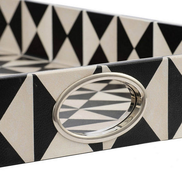 Benzara 25 Inch Decorative Black White Wood Trays Art Deco Geometric Set Of 2 - BM286374
