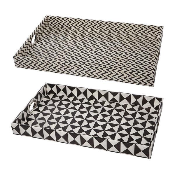 benzara 25 Inch Decorative Black White Wood Trays Art Deco Geometric Set of 2 - BM286374