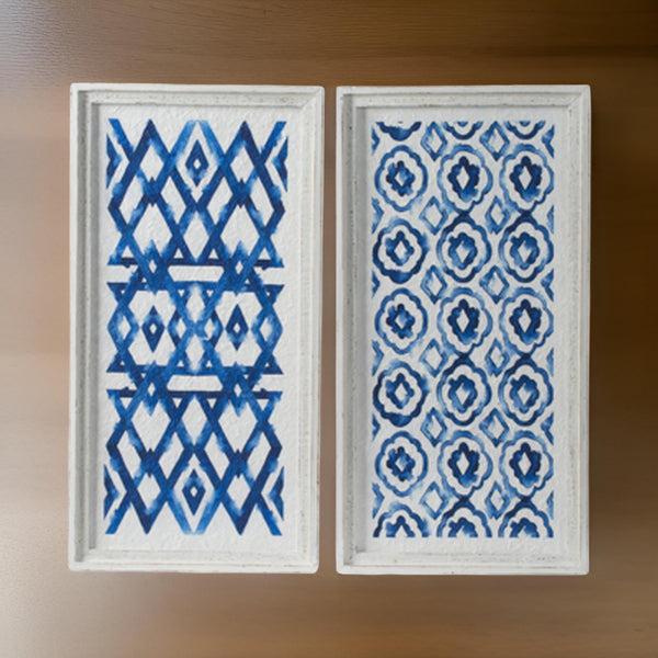 benzara 25 Inch Wall Decor Sculpture Set of 2 Fir Wood Abstract Blue White - BM312834